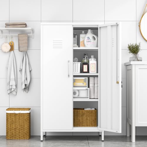 Image of pozdeg 47.24 inch White Lockable Small Metal Storage Locker | Employees Locker with 2 Doors & 2 Adjustable Shelves, Steel File Cabinet for Employees, Home, School, Office & Gym