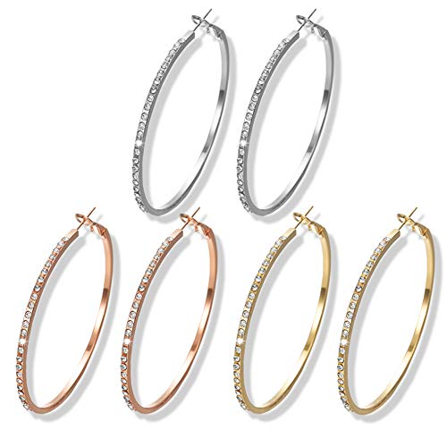 3 pairs Hoop Earrings For Women Rhinestone Crystal Circle Hoop Earring Bridal Wedding Girls Gold Silver Set (Gold+Rose gold+Silver)