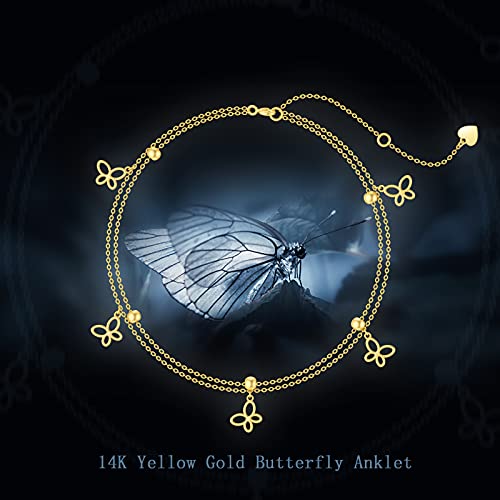 Image of SISGEM 14K Real Gold Butterfly Anklet for Women,Yellow Gold Butterfly Anklets Bracelets Beads Station Anklet Double Foot Link Beach Anklets Anniversary Birthday Jewelry Gifts for Wife Mom 8''+2''