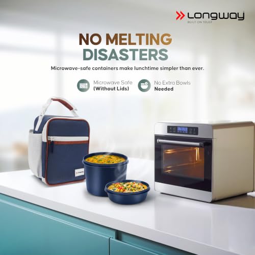 Image of LONGWAY Kivo Lunch Box with 3 Containers, 750ml Stainless Steel Bottle & Insulated Bag | Microwave Safe Food-Grade Containers (290ml, 400ml & 600ml) | Cutlery & Pickle Box | Indigo