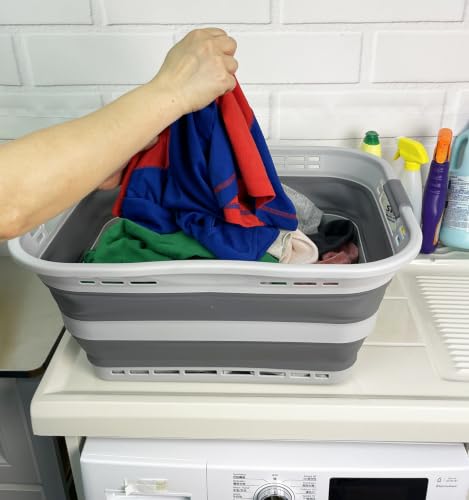 Image of SAMMART Set of 2 Collapsible Plastic Storage Basket - Foldable Pop Up Storage Container - Portable Laundry Organizer - Space Saving Hamper (Grey, 42L (Style A))