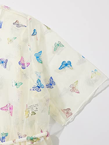 Makemechic Girl's Beach Swimsuit Cover Up Butterfly Print Short Sleeve Drawstring Waist Kimono Cover Up Beige 11-12Y #TOP2