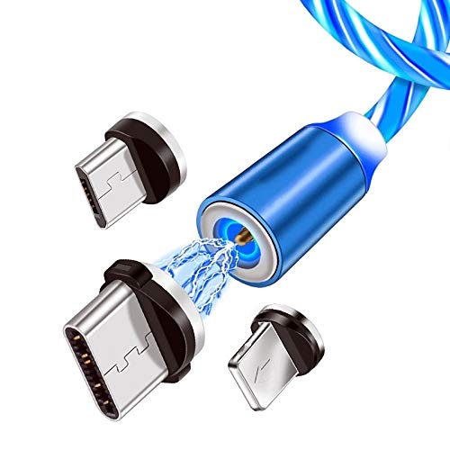 Buyer Hub 360 Degree 2.1A Fast Magnetic LED Flowing Magnetic 3 in 1 Charging Cable Multi Charger Cord Streamer Quick Connect Magnetic Charging Cable Micro USB/Type-C/iOS for Smartphone (Blue)