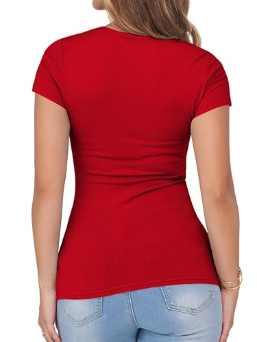 Image of Albe Rita Women Short Sleeve T-Shirt Cap V Neck Shirts for Women Ribbed Casual Top Knit Slim Fit for Summer