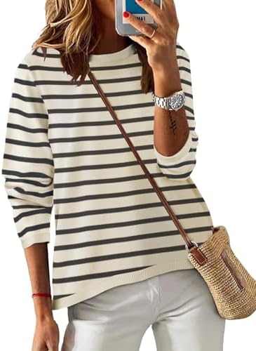 Cuptacc Pullover Damen Elegant Gestreifts Sweatshirt Rundhals Casual | Baumwolle,Rundhals,Gestreifts,Atmungsaktiv,Lässig Bequem,Weich Hautfreundlich,Locker,Alltag