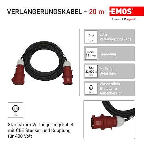 EMOS - IP44 CEE-Verlängerungskabel 20m - 5-polig Stecker - wasserdicht, temperaturbeständig - 400 V, 32 A, 22000 W - Gummi-Isolierung - CGSG 5C x H07RN-F 4 mm2 - für Außenbereich & Camping - schwarz