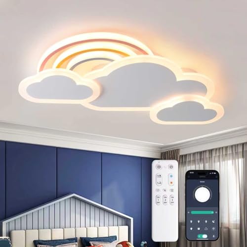 YZBEIMDAI Plafonnier LED Lampe de chambre d'enfant Plafond, 30W/55cm Lampe créative Plafond Nuages Arc-En-Ciel Dimmable Télécommande&APP, Garçons Et Filles Chambre...