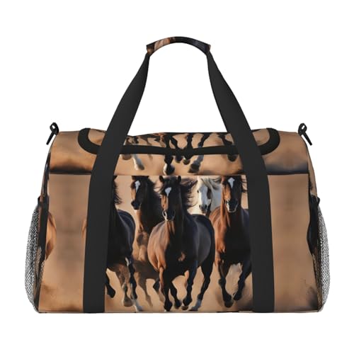 Sac de sport avec imprimé chevaux sauvages, sac de gym noir One Size à motif équestre