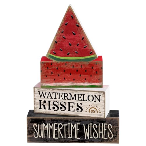 Lineshading 4 Pcs Summer Table Decor Wooden Watermelon Tiered Tray Decor Rustic Farmhouse Watermelon Block Signs Gifts Summer Tabletop Centerpieces for Home Kitchen Coffee Bar Decorations