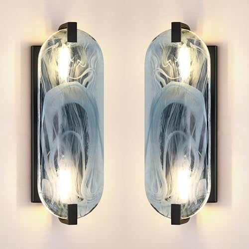 Image of 15.7 inch Clear Blue Oval Glass Bathroom Modern Wall Sconce Fixture for Bedroom Hallway Bedside 2 Pack 2 Light Black Wall Sconce