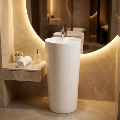 Image of Well Set Luxury Ceramic One Piece Pedestal Wash Basin | Premium Round Stand Wash Basin for Home Office Hotel | White Round