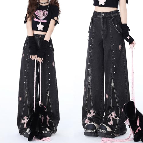 Harajuku Fashion High Waist Baggy Jeans Gothic Y2K Vintage Zipper Casual Straight Leg Wide Leg Denim Pants3