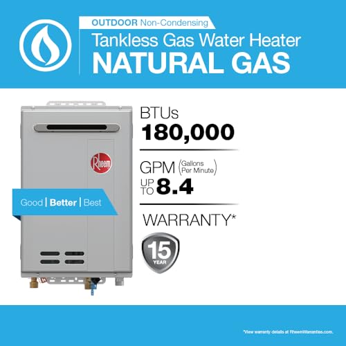 Rheem RTG Series 8.4 GPM Natural Gas Tankless Water Heater Outdoor | 180,000 BTUs High Efficiency On Demand, Continuous Hot Water | Non-Condensing
