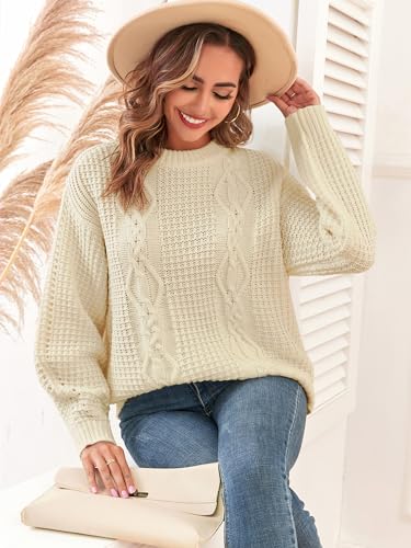 Image of ZAFUL Womens Sweater Cable Knit Oversized Sweaters Crewneck Long Sleeves Casual Knit Pullover Tops