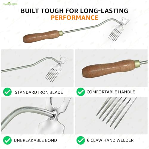 Image of Anandi Greens Garden Weeding Tool with Wooden Handle || Weeder Hand Tool 6 Claws Manual Weed Puller for Lawn and Garden Steel