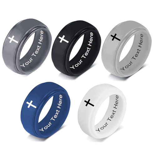 5PCS Custom Engraved Inspirational Silicone Ring for Women Men, Ladder Flexible Band Soft Rubber Christian Ring, Christmas Easter Religion Gift, (Multicolor) Size 6 to 14