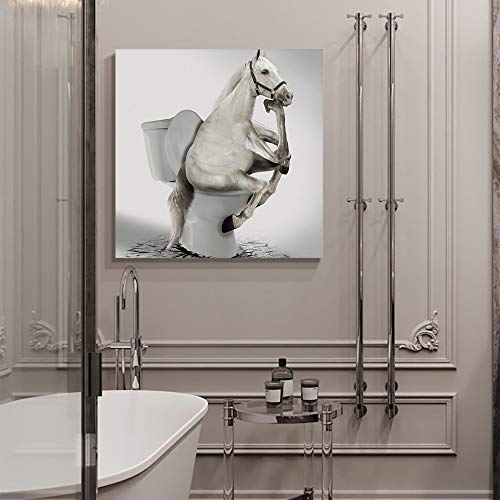 Custom Bed Usa Canvas Wall Art Animal Picture Prints, 12X12 Inch Oil Painting Artwork Wood Gallery And Framed For Bathroom Wall Decor, Horse Sitting On The Toilet Meditating #TOP4