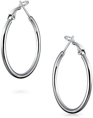 Polished Finish Round Tube Hoop Earrings For Women .925 Sterling Silver Hinged Notched Post 1.4 Inch Diameter