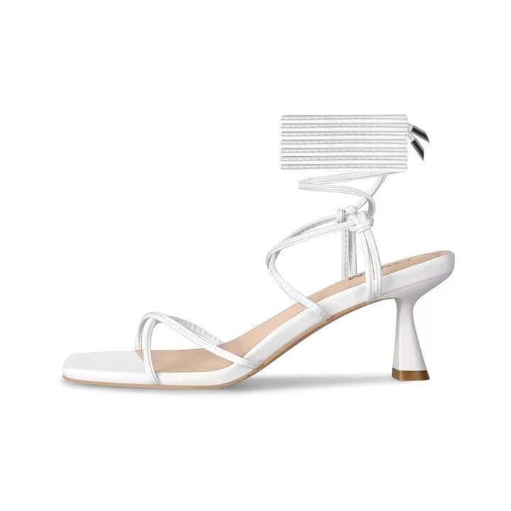 Image of ISNOM Strappy Sandals for Women Kitten Heels Lace Up Heels Stiletto Heels Wrap Around Heels with Square Toe