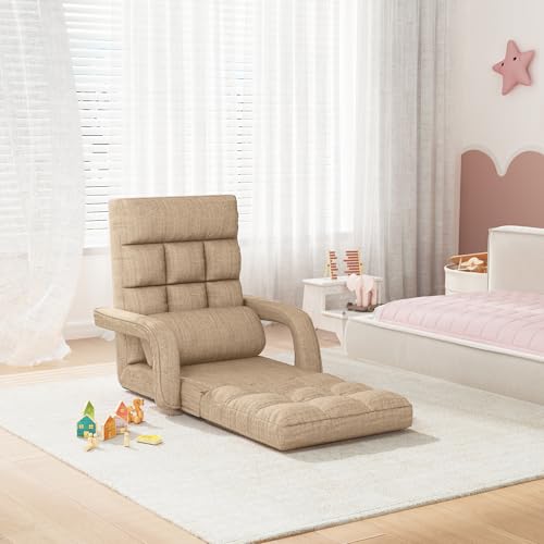 Chaise Lounge Chair Indoor, 6-Position Adjustable Floor Gaming Chair with Meditation Arm, Foldable Lazy Sofa with Pillow, Comfy Recliner Lounge Chaise for Bedroom Dorm Living Room, Beige - Thumbnail 3