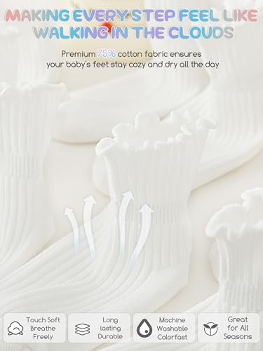 Image of Baby Toddler Girls Socks Grip Ruffle Non Slip Kids Cotton 12 Pack Socks | Premium Soft Cotton,Full Anti-Slip Grips,6 Month-7T Grippy Crew Socks for Girls,Daily School All Season Wear,Cute Ruffle Edge