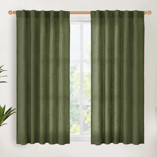 YoungsTex Olive Green Linen Curtains 48 Inch Length, Light Filtering Drapes with Rod Pocket Back Tab for Short Living Room Bedroom Window, 2 Panels, 42 X 48 Inch