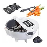 PARENCE - 3-in-1 Multifunktions-Gemüseschneider mit Siebschüssel – Manueller Reibe mit 5 austauschbaren Klingen, Gemüse- und Obstschneider, Schäler inklusive – Weiß