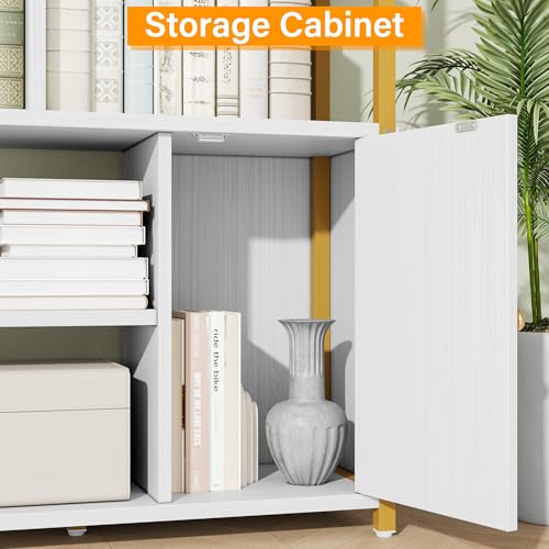 Image of Jehiatek 71 inch Arc Gold Bookshelf with Storage Cabinet, Tall 6 Tiers Industrial Bookcase with Sturdy Metal Frame, Geometric Book Shelf for Lving Room, Home Office, Gold and White