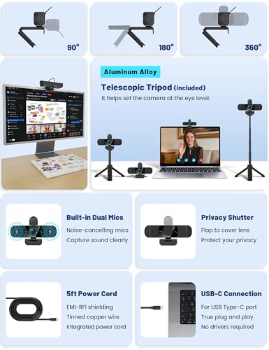 Image of Pro QHD 2K /60fps Webcam with Tripod, External USB-C Camera for PC /Laptop | Dual noise-cancelling mics | Auto-focus | Wide-angle | Low-light correction | 360 rotation | CMOS sensor | Plug and Play