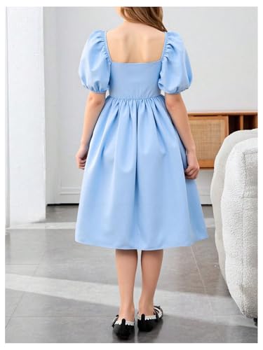 Girl's Y2k Bow Puff Short Sleeve Midi Dress Square Neck Ruffle A Line Dresses2