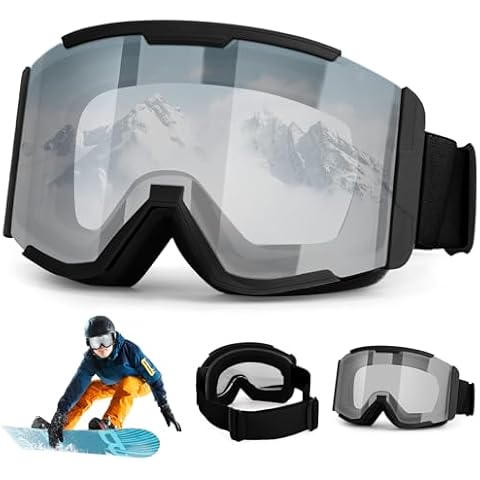 Micnaron Ski Goggles Men Women & Youth, Anti-Fog 100% UV Protection Snowboard Goggles, Wide Vision OTG Clear ATV Goggles (Black Frame Silver Lens) Cover