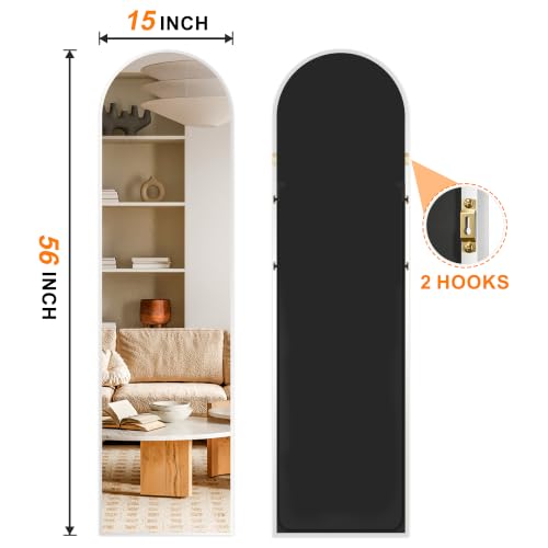 Image of Arched Full Length Mirror, 56 inchx15 inch Standing Body Mirror for Wall, Silver | Built-in Stand, HD Shatterproof Glass, Aluminum Alloy Frame, Hanging or Standing, for Bedroom, Living Room & Dressing Room