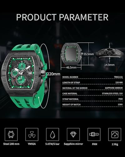 Image of TSAR BOMBA Men's Luxury Quartz Watch, Luminous Dial 5ATM Water Resistance Silicone Strap Men's Wristwatch Ideal Gift for Men