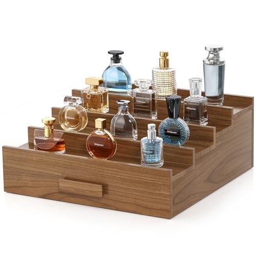 Image of Solid Walnut Cologne Organizer for Men, 4 Tier Cologne Stand Display Shelf | Wood Perfume Organizer, Cologne Holder with Drawer Storage and Hidden Compartment,Gift for Men Dad Husband Brother Boyfriend