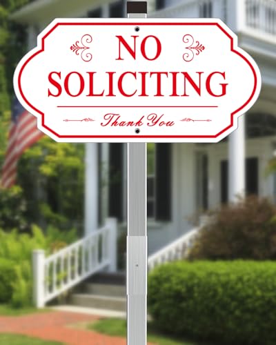 Image of Heavy Duty No Soliciting Sign for House - All Metal Construction No Soliciting Yard Sign - 14 inch x 7 inch - Aluminum - with 28 inch Long Stake (RED and WHITE)
