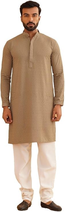 Men's Pure 100% Cotton Embroidered Thread Work Kurta with White Churidar Pajama
