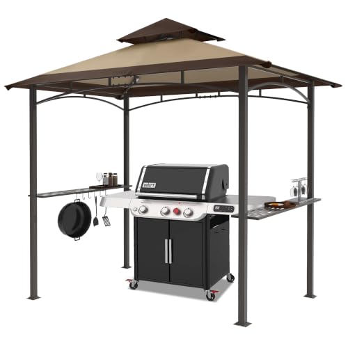 Image of MASTERCANOPY 8 x 5 Grill Gazebo Outdoor BBQ Gazebo Canopy with 2 LED Lights (Brown Stitching Khaki)