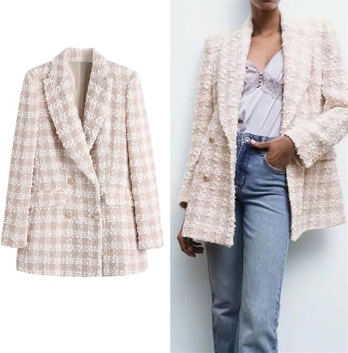 Vintage Tweed Blazer for Women Plaid Office Coat Chic Double Breasted Jacket2