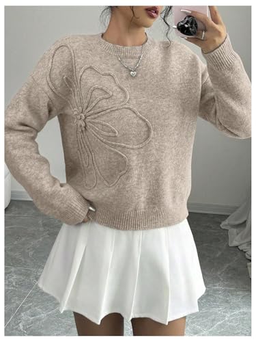 Image of Verdusa Women's Spring 3D Flower Appliques Crewneck Sweaters Long Sleeve Drop Shoulder Pullovers Knit Going Out Tops