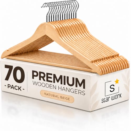 Image of STAR WORK Multi Functional Solid Wooden Suit Hangers, Coat Hangers, Natural Finish with 2 Shoulder Notches 360 Degree Swivel Hook (70)