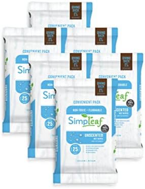 Simpleaf Flushable Wet Wipes Unscented - Eco-Friendly, Paraben & Alcohol Free - Septic Safe, Hypoallergenic For Sensitive Skin - Unscented Soothing Aloe Vera & Vitamin E Formula (6 x 25 Count) Pack