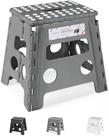 HOUSE DAY Tritthocker klappbar 33 cm, Rutschfester Klapphocker, Grau | Mittelhoher Hocker Klappbar für Erwachsene mit rutschfester Trittfläche, Tragegriff, für Küche, Schrank und H