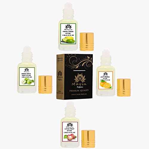 Image of Mayin Fresh Lemon, Green Apple, Juicy Orange, Litchi Fruit (Natural Itra /Attar /Perfume) Attar Gift Pack /Attar Combo /Combo Pack For Men and Women 12ml (Pack Of 4)