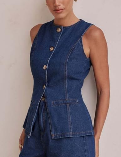 Perbai Women's Crewneck Button Down Denim Vest Tank Top Slim Jean Waistcoat Jacket with Pockets4