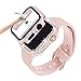 3 Pack Compatible With Apple Watch Band 38mm 40mm 41mm 42mm 44mm 45mm With Case, Women Silicone Soft Adjustable Strap with Diamond Case and Glass Screen Protector Case For iWatch Series 8 7 6 5 4 3 2 1 SE (Pink, 40mm)