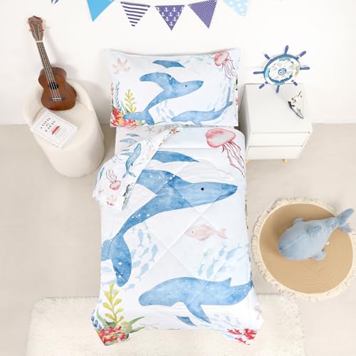 Image of 4 Piece Toddler Bedding Set, Ultra Soft and Breathable Toddler Comforter Sets for Boys & Girls, Crib Bedding Set Includes Quilted Comforter, Fitted Sheet, Flat Sheet and Pillowcase, Blue Ocean
