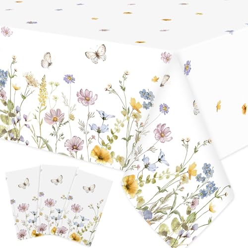 Image of Ganeen 3 Pcs Floral Tablecloth Wildflower Butterfly Disposable Plastic Tablecloth Rectangle Table Covers for Summer Spring Holiday Weeding Birthday Tea Party Supplies and Decoration, 54 x 108 Inch