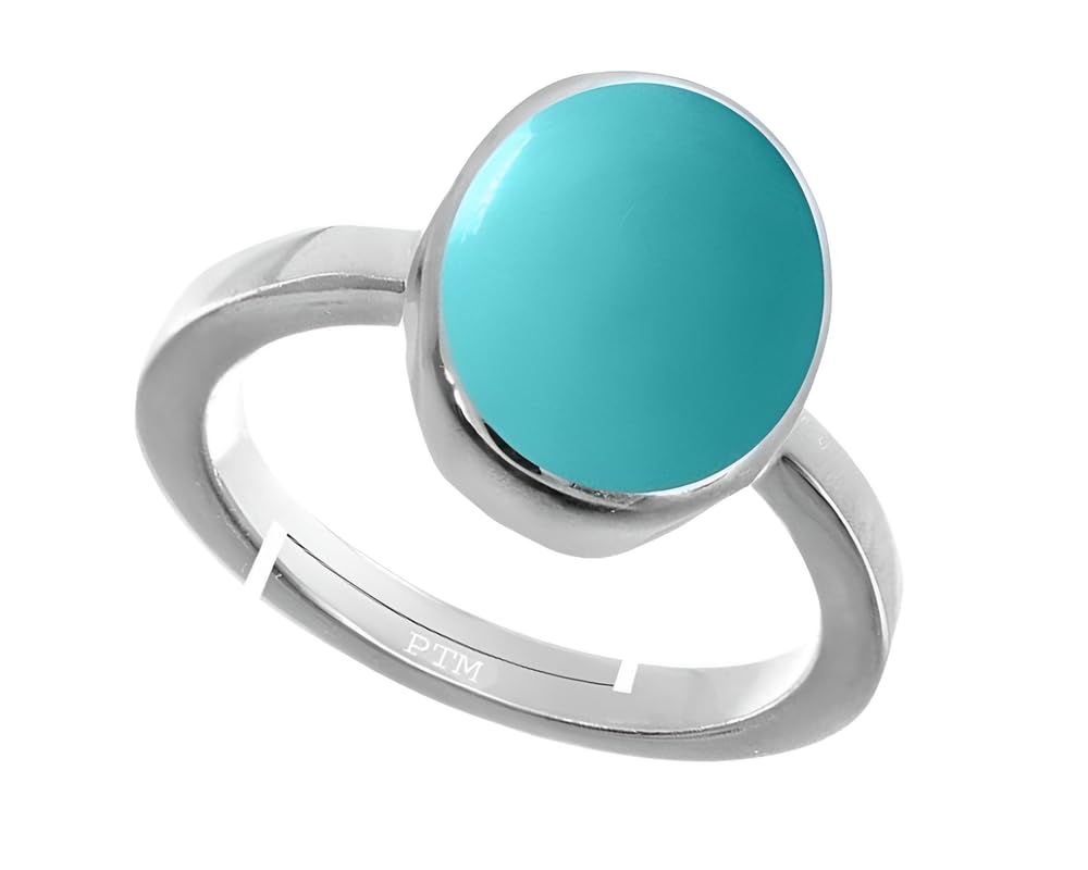 Turquoise/Firoza 3.25 Ratti to 10.25 Ratti or 3 Carat to 9.5 Carat Astrological Certified Natural Gemstone bis Hallmark 925 Sterling Silver Adjustable Ring for Men & Women - 3v
