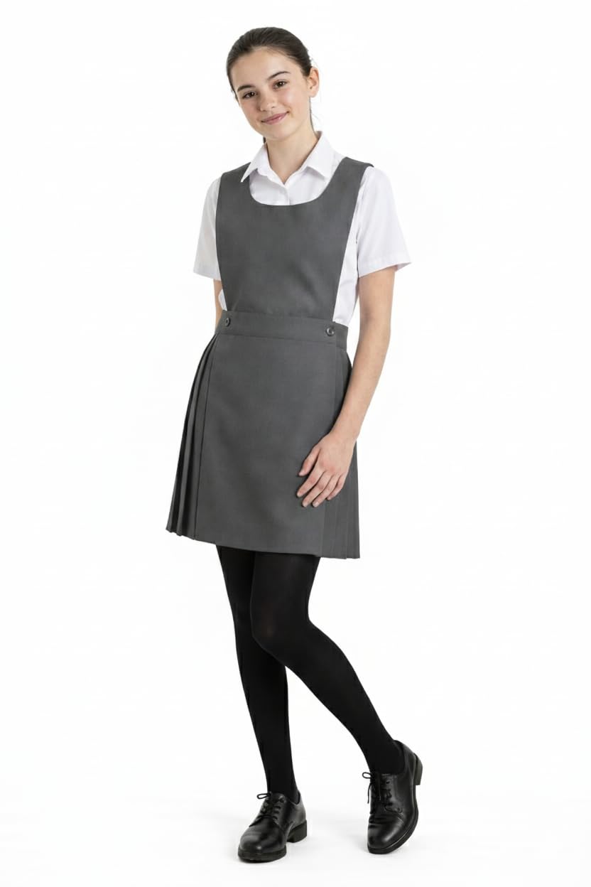 Insafians Girls Grey Classic Sleevless Pinafore Dress With Bottom Pleated Skirt | Two Front Buttons School Bib Uniform(Gry 13/14)