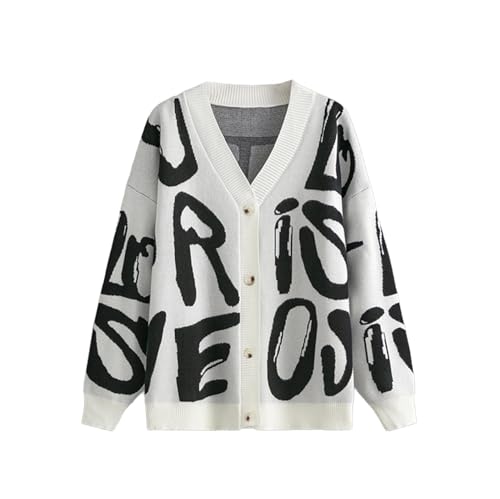 Women's Knit Long Sleeve Open Front Cardigan V-Neck Button Down Letter Pattern Sweater Coat Outwear